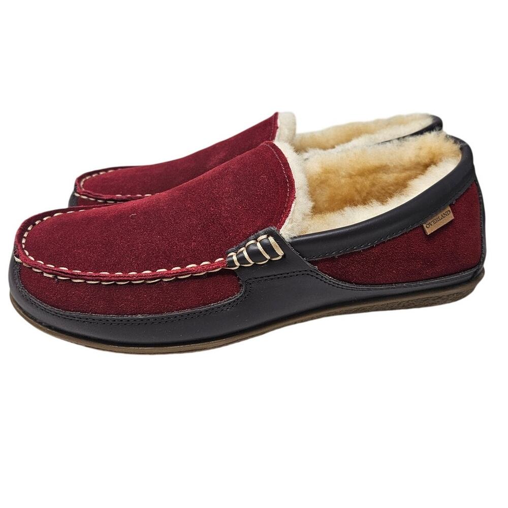 Overland 11 Dylan Shearling-Lined Cowhide Moccasin Slippers Burgundy Leather
